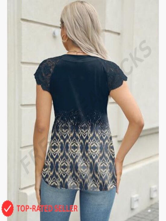 Lace Cap Sleeve V-Neck Button Down Tank Top Loose Fit Boho Summer Blouse - Picture 4 of 4